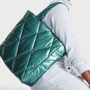 Pink VICTORIA'S SECRET Teal Metallic Quilted Puffy Shoulder Carry All Tote Bag​​